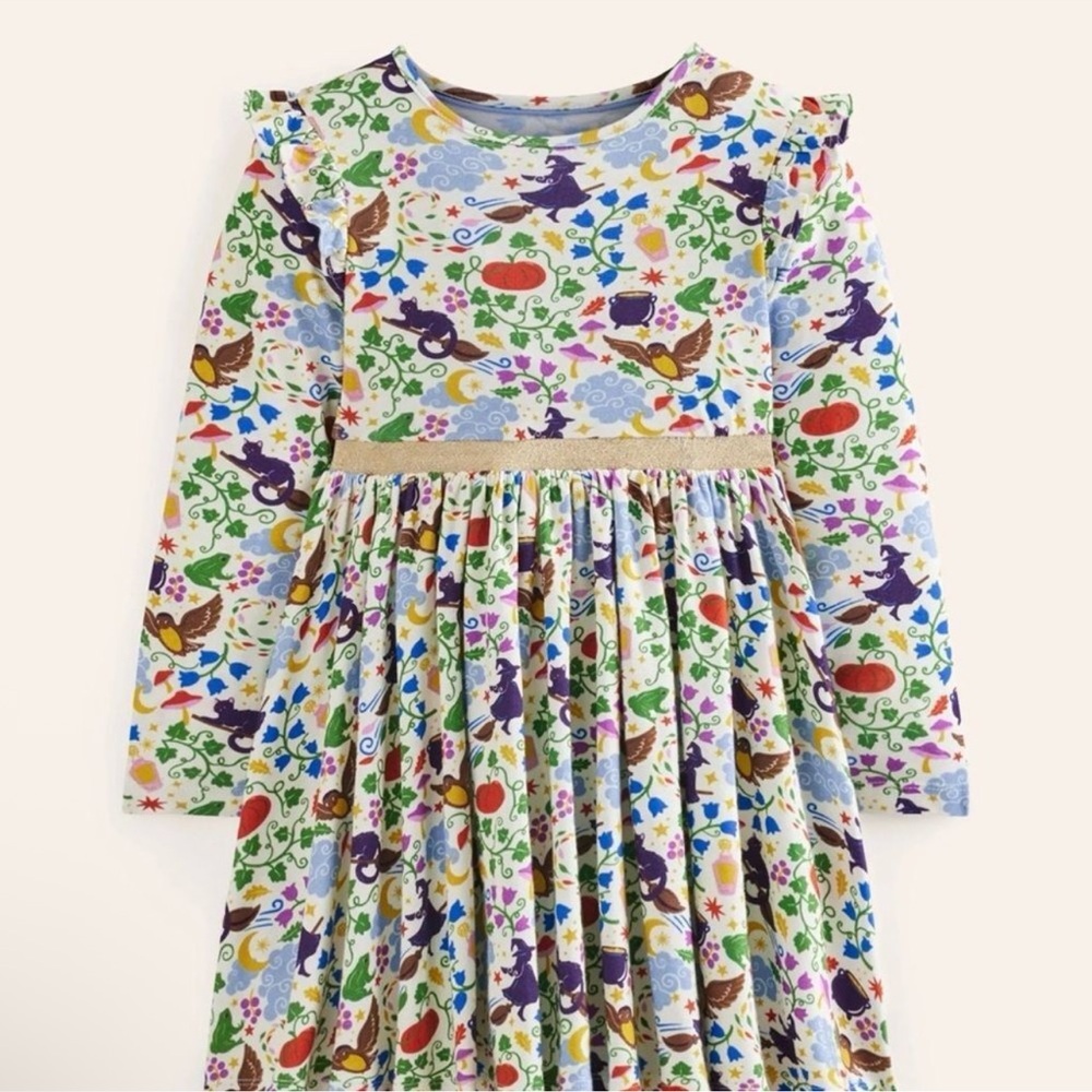 Mini Boden Mabel Halloween Twirly Dress Girls 7 8 Cats Pumpkins Long Sleeve